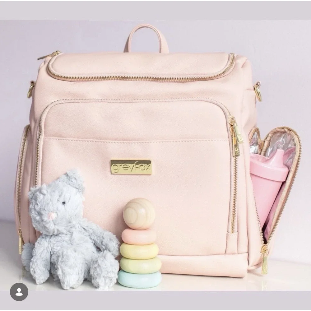 GreyFox Pebble Diaper Bag Backpack Pink Vegan Leather Changing Pad